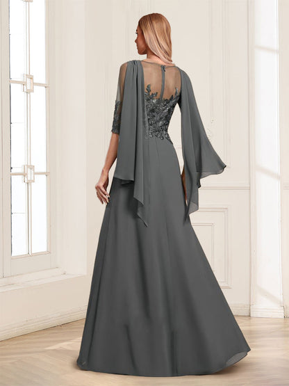 A-Line/Princess Scoop Half Sleeves Floor-Length Mother of the Bride Dresses with Lace&Ruched