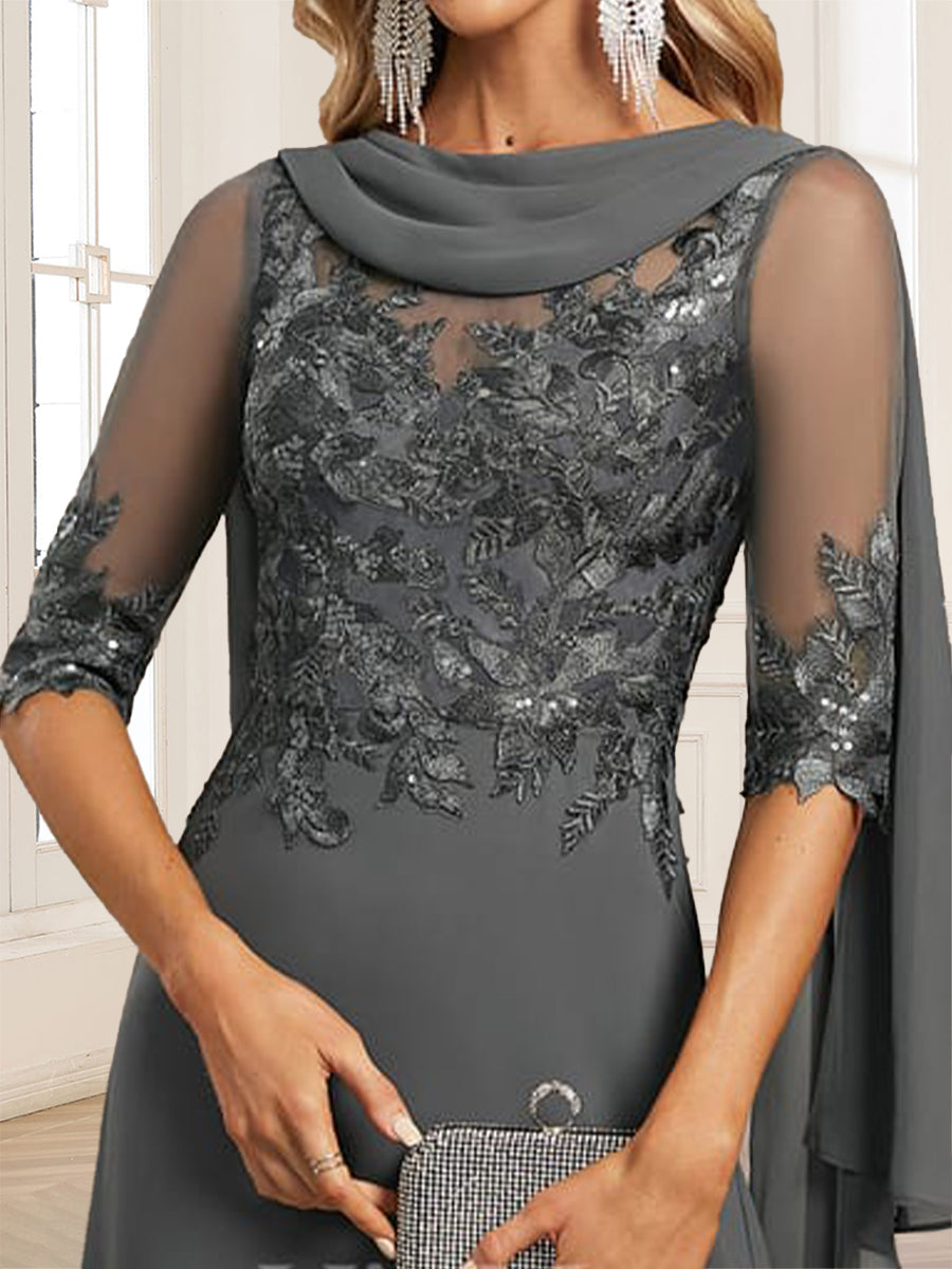 A-Line/Princess Scoop Half Sleeves Floor-Length Mother of the Bride Dresses with Lace&Ruched