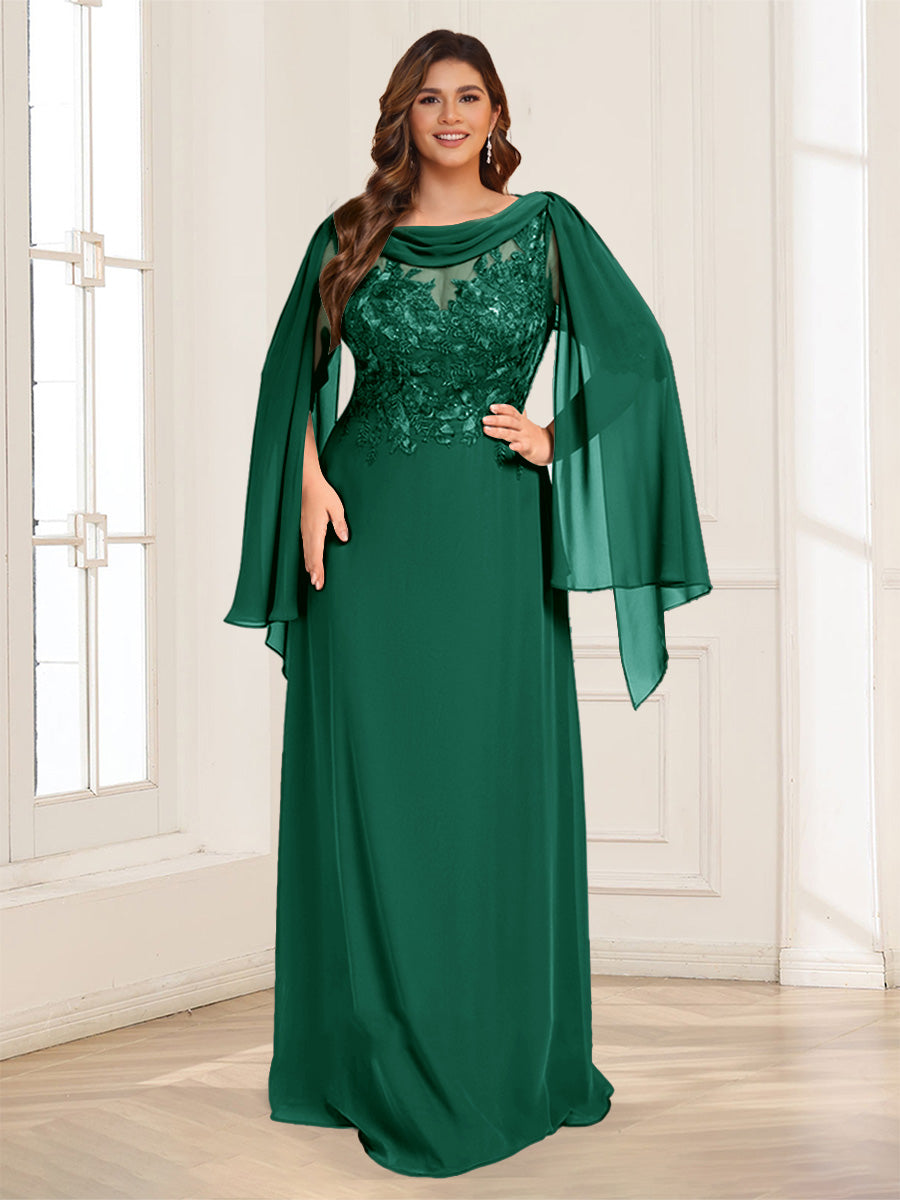 A-Line/Princess Scoop Half Sleeves Floor-Length Plus Size Mother of the Bride Dresses with Lace & Ruched