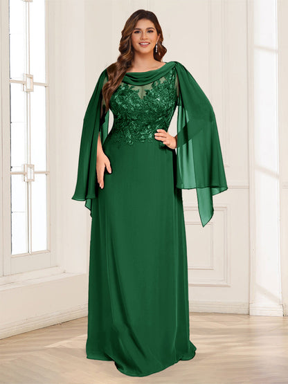 A-Line/Princess Scoop Half Sleeves Floor-Length Plus Size Mother of the Bride Dresses with Lace & Ruched