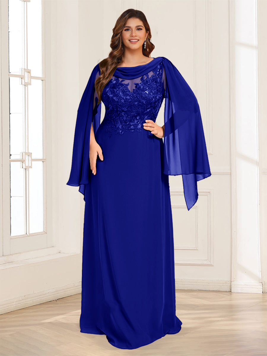 A-Line/Princess Scoop Half Sleeves Floor-Length Plus Size Mother of the Bride Dresses with Lace & Ruched