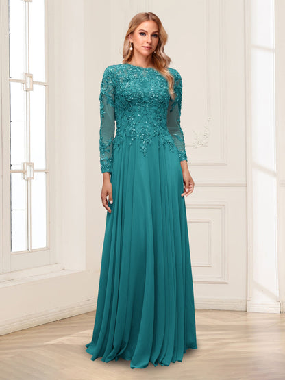 A-Line/Princess Scoop Long Sleeves Floor-Length Mother of the Bride Dresses with Lace & Beading