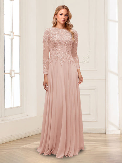 A-Line/Princess Scoop Long Sleeves Floor-Length Mother of the Bride Dresses with Lace & Beading