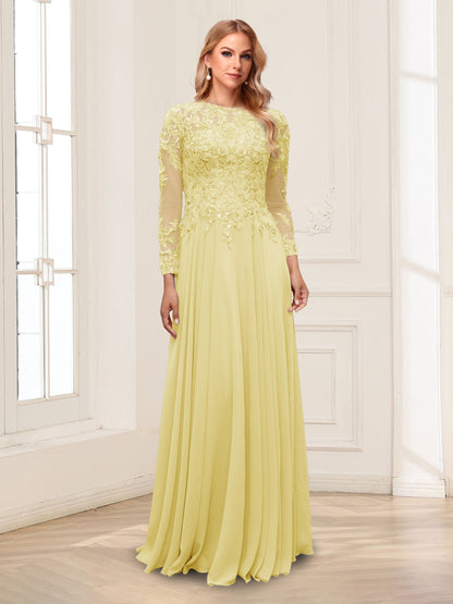 A-Line/Princess Scoop Long Sleeves Floor-Length Mother of the Bride Dresses with Lace & Beading