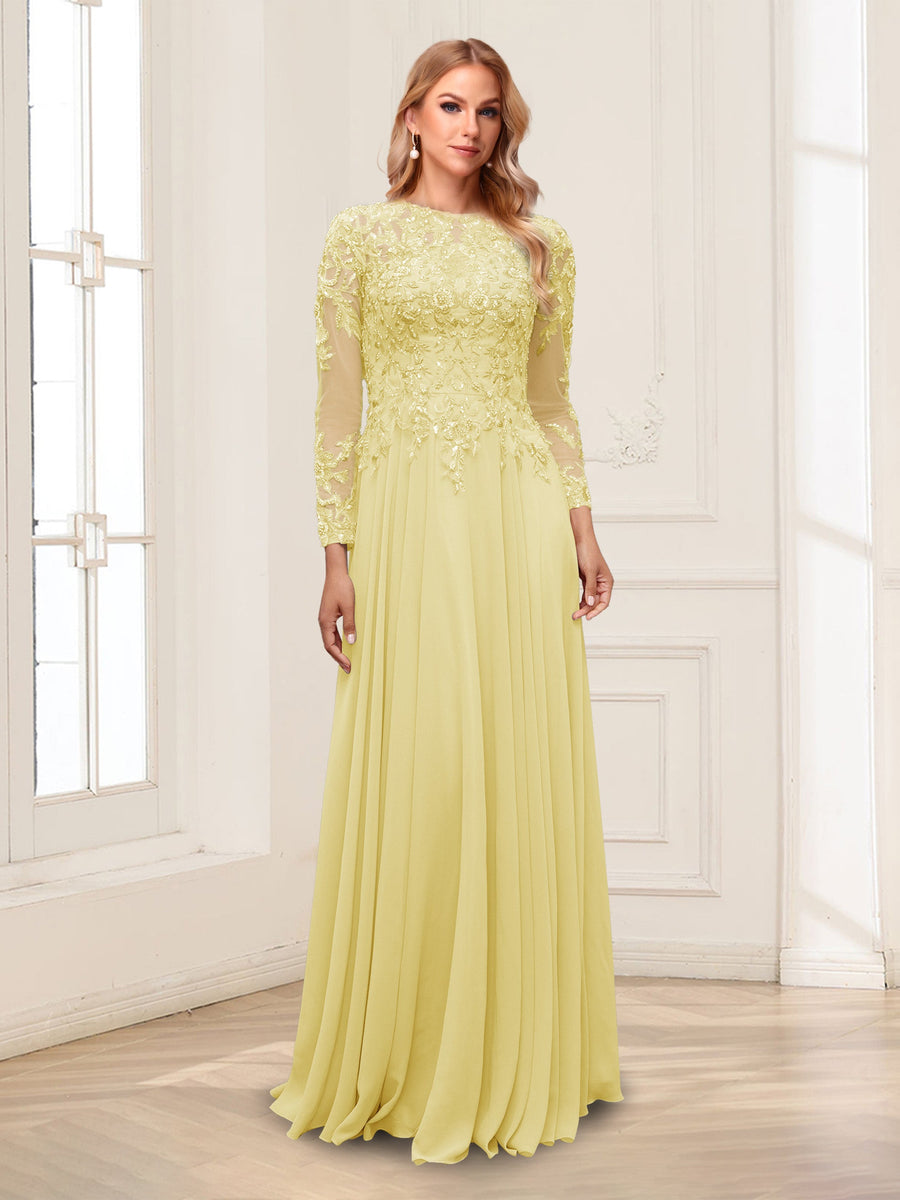 A-Line/Princess Scoop Long Sleeves Floor-Length Mother of the Bride Dresses with Lace & Beading