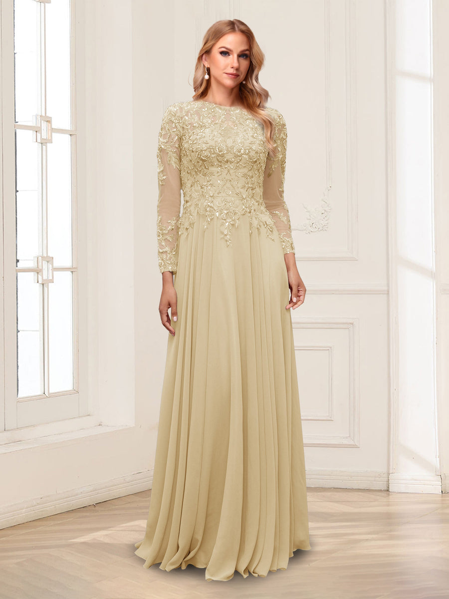 A-Line/Princess Scoop Long Sleeves Floor-Length Mother of the Bride Dresses with Lace & Beading