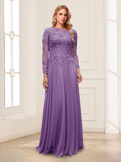 A-Line/Princess Scoop Long Sleeves Floor-Length Mother of the Bride Dresses with Lace & Beading