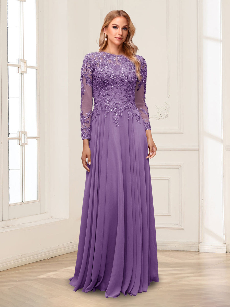 A-Line/Princess Scoop Long Sleeves Floor-Length Mother of the Bride Dresses with Lace & Beading