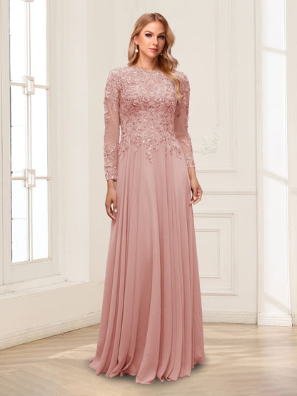 A-Line/Princess Scoop Long Sleeves Floor-Length Mother of the Bride Dresses with Lace & Beading