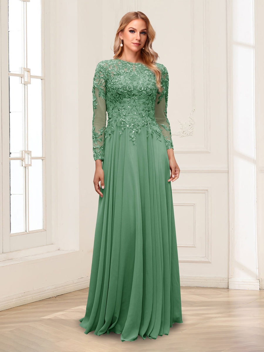 A-Line/Princess Scoop Long Sleeves Floor-Length Mother of the Bride Dresses with Lace & Beading
