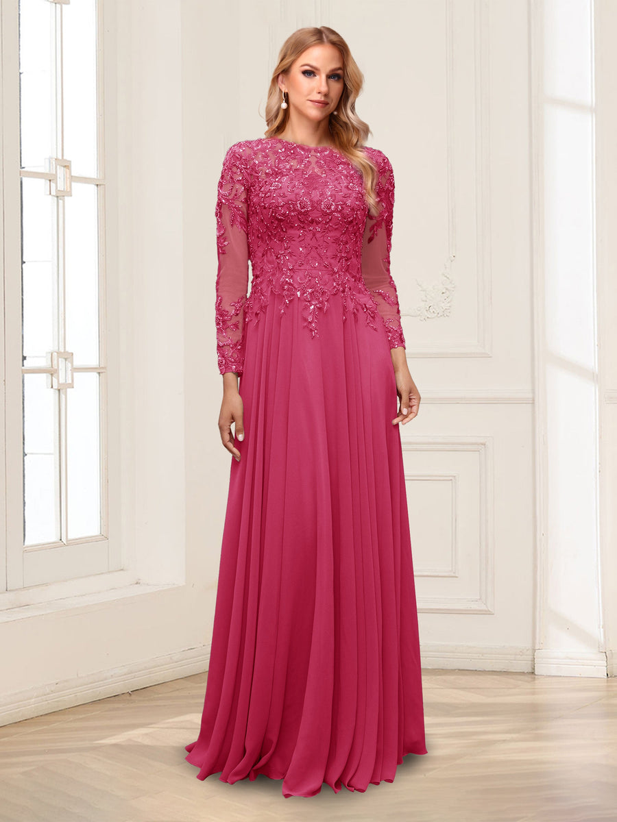 A-Line/Princess Scoop Long Sleeves Floor-Length Mother of the Bride Dresses with Lace & Beading