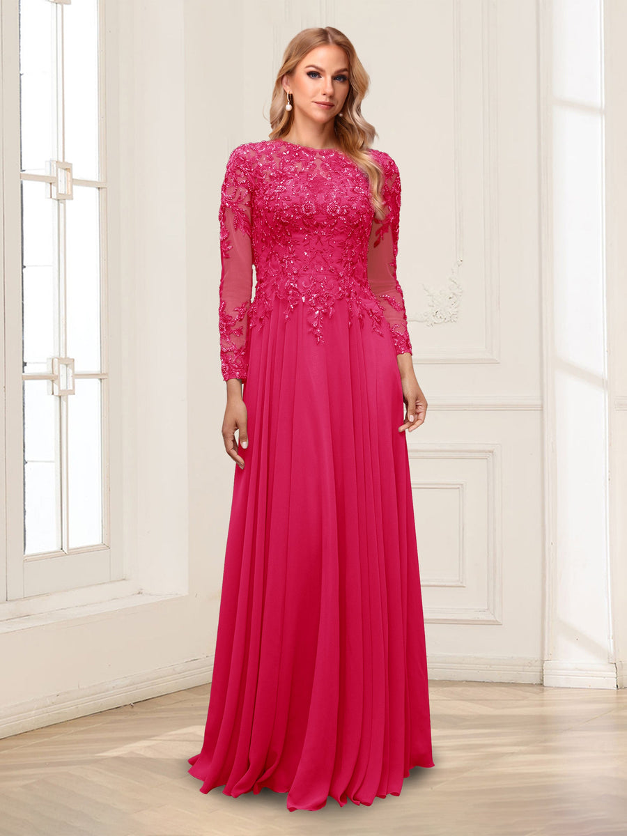 A-Line/Princess Scoop Long Sleeves Floor-Length Mother of the Bride Dresses with Lace & Beading