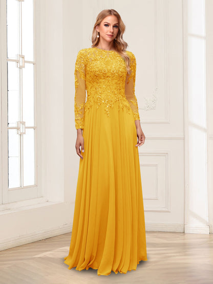 A-Line/Princess Scoop Long Sleeves Floor-Length Mother of the Bride Dresses with Lace & Beading