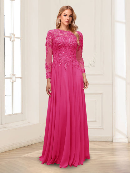 A-Line/Princess Scoop Long Sleeves Floor-Length Mother of the Bride Dresses with Lace & Beading
