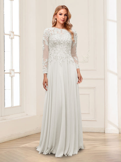 A-Line/Princess Scoop Long Sleeves Floor-Length Mother of the Bride Dresses with Lace & Beading