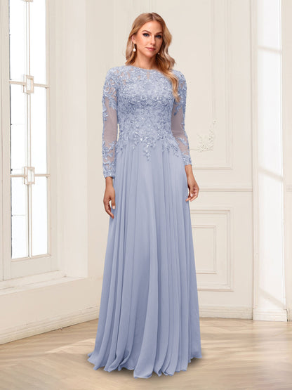 A-Line/Princess Scoop Long Sleeves Floor-Length Mother of the Bride Dresses with Lace & Beading