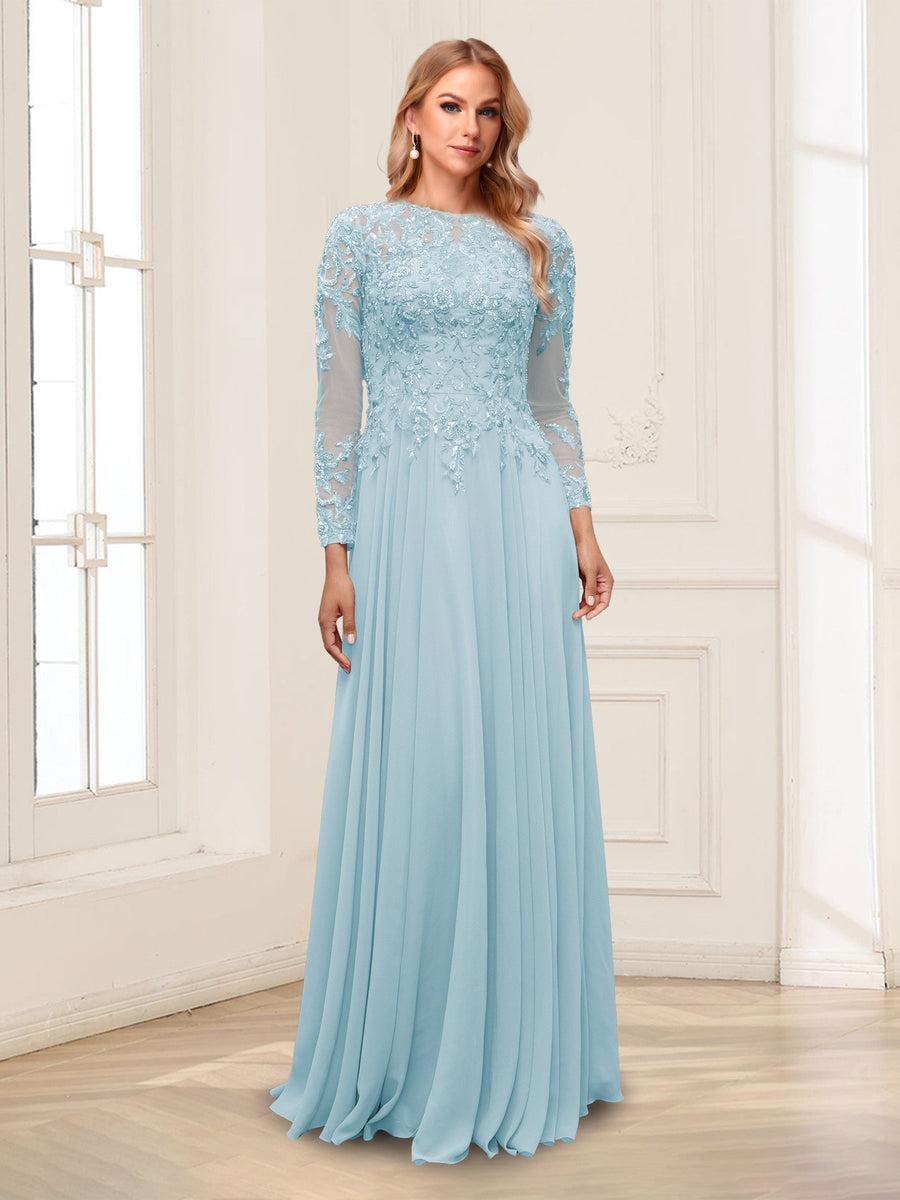 A-Line/Princess Scoop Long Sleeves Floor-Length Mother of the Bride Dresses with Lace & Beading