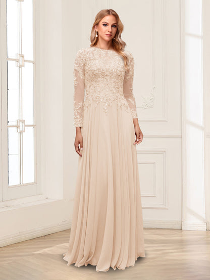 A-Line/Princess Scoop Long Sleeves Floor-Length Mother of the Bride Dresses with Lace & Beading