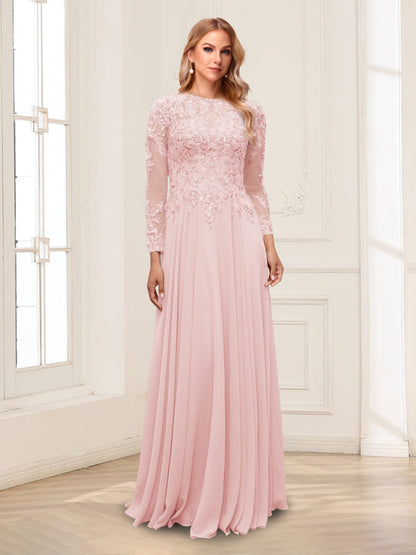 A-Line/Princess Scoop Long Sleeves Floor-Length Mother of the Bride Dresses with Lace & Beading
