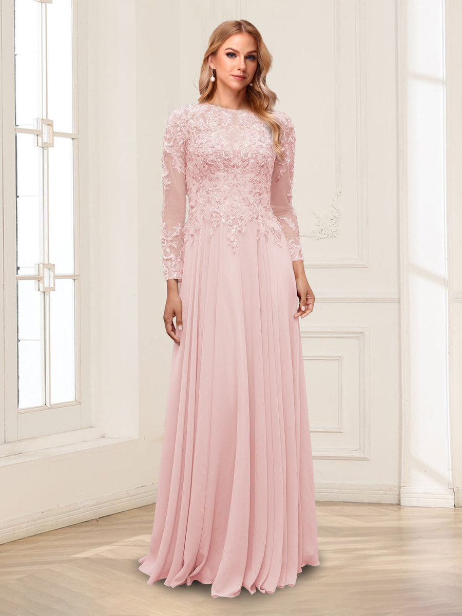 A-Line/Princess Scoop Long Sleeves Floor-Length Mother of the Bride Dresses with Lace & Beading