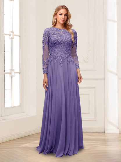 A-Line/Princess Scoop Long Sleeves Floor-Length Mother of the Bride Dresses with Lace & Beading