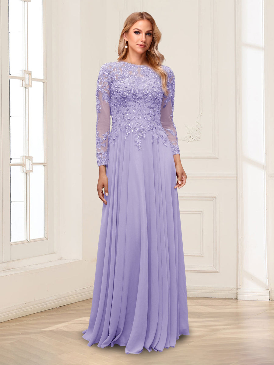 A-Line/Princess Scoop Long Sleeves Floor-Length Mother of the Bride Dresses with Lace & Beading