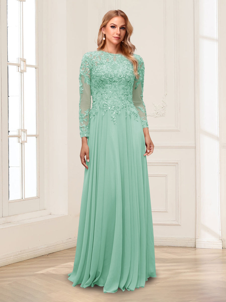 A-Line/Princess Scoop Long Sleeves Floor-Length Mother of the Bride Dresses with Lace & Beading