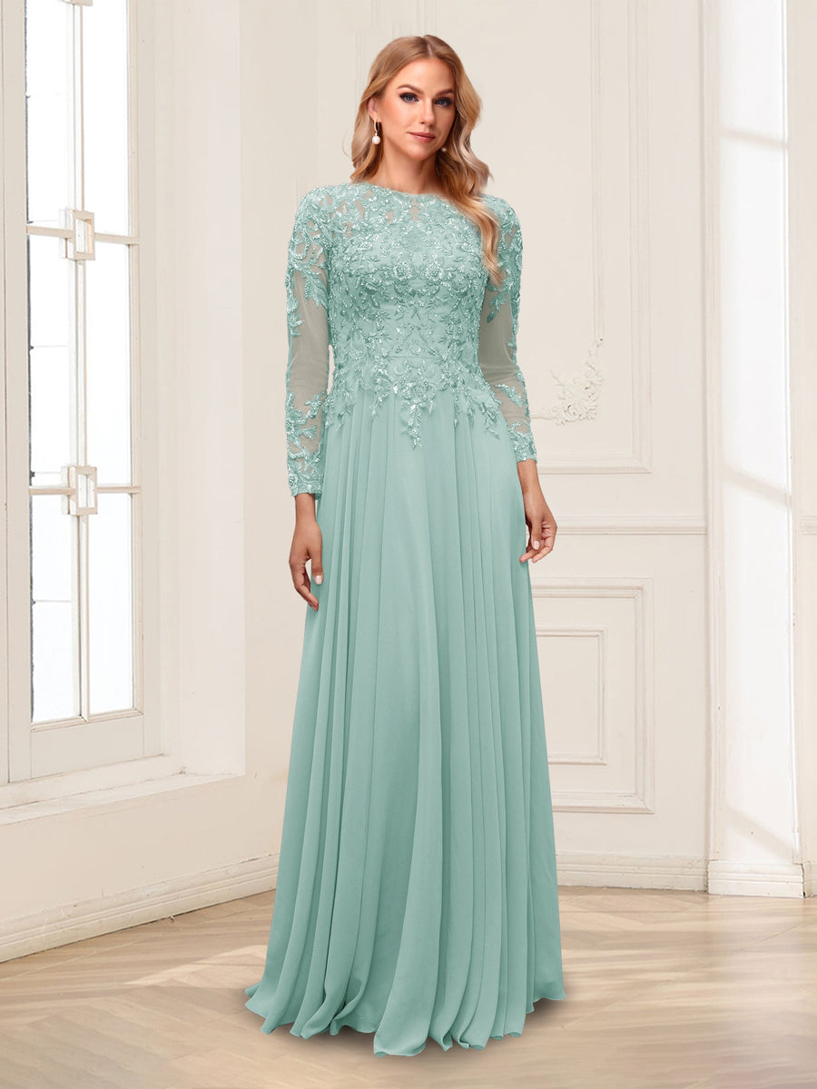 A-Line/Princess Scoop Long Sleeves Floor-Length Mother of the Bride Dresses with Lace & Beading