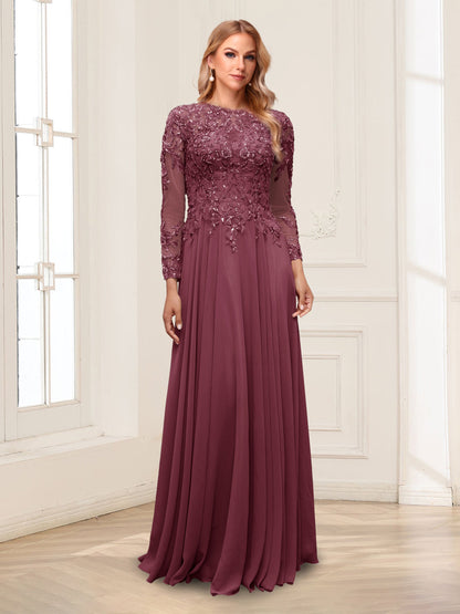 A-Line/Princess Scoop Long Sleeves Floor-Length Mother of the Bride Dresses with Lace & Beading