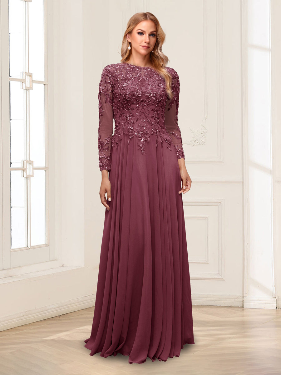 A-Line/Princess Scoop Long Sleeves Floor-Length Mother of the Bride Dresses with Lace & Beading