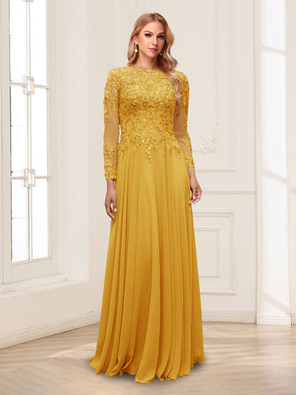 A-Line/Princess Scoop Long Sleeves Floor-Length Mother of the Bride Dresses with Lace & Beading