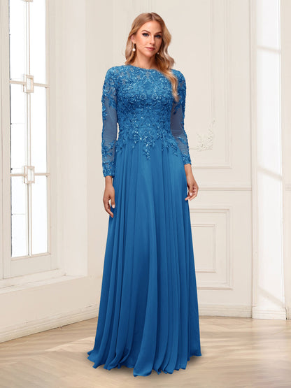 A-Line/Princess Scoop Long Sleeves Floor-Length Mother of the Bride Dresses with Lace & Beading