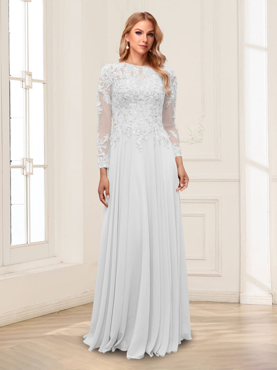 A-Line/Princess Scoop Long Sleeves Floor-Length Mother of the Bride Dresses with Lace & Beading