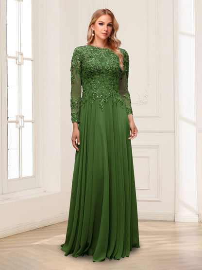 A-Line/Princess Scoop Long Sleeves Floor-Length Mother of the Bride Dresses with Lace & Beading