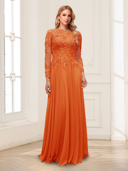 A-Line/Princess Scoop Long Sleeves Floor-Length Mother of the Bride Dresses with Lace & Beading