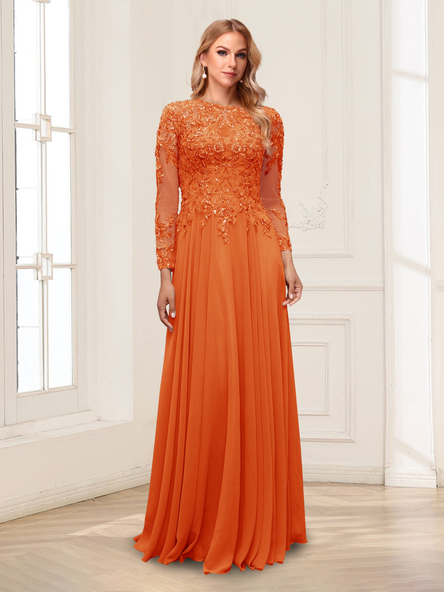 A-Line/Princess Scoop Long Sleeves Floor-Length Mother of the Bride Dresses with Lace & Beading