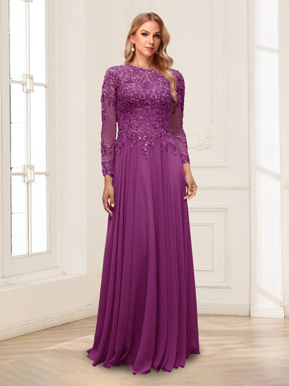 A-Line/Princess Scoop Long Sleeves Floor-Length Mother of the Bride Dresses with Lace & Beading
