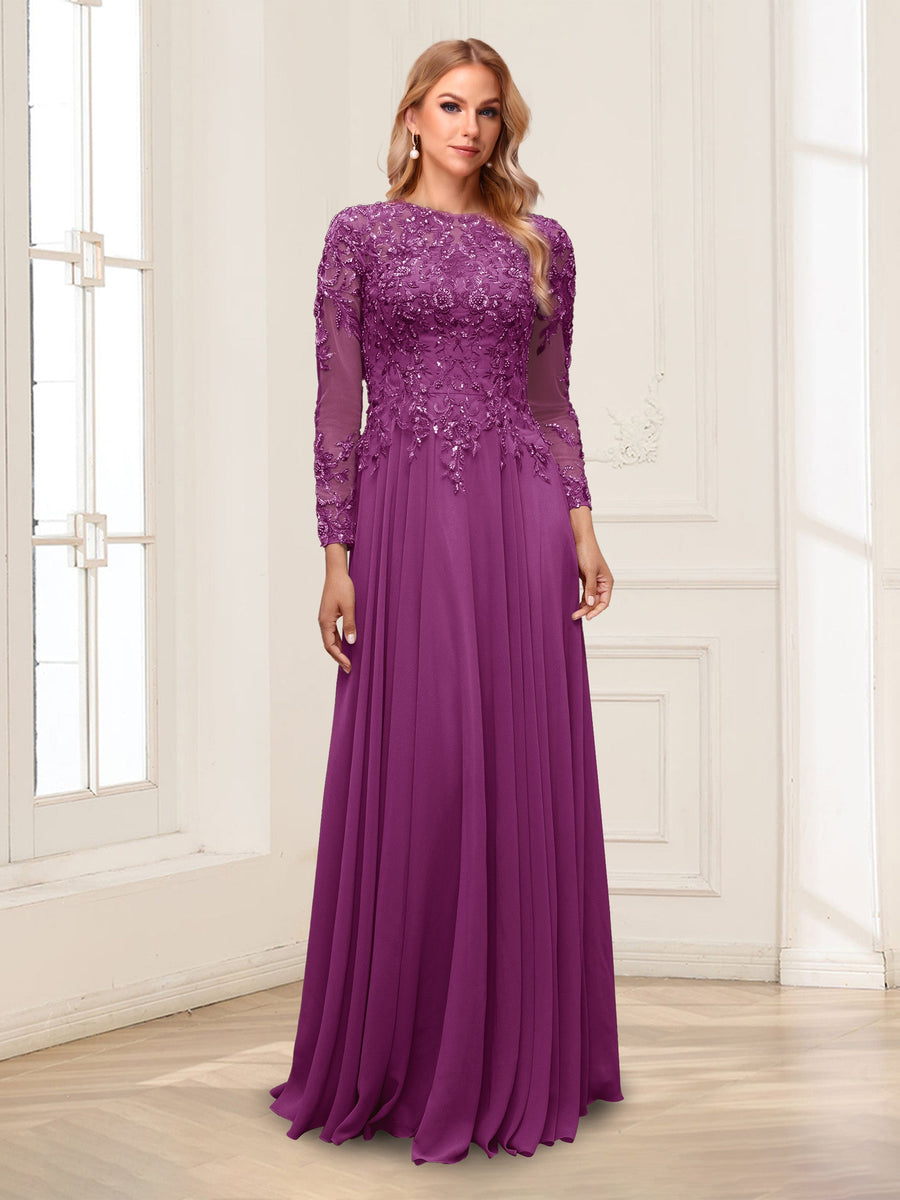 A-Line/Princess Scoop Long Sleeves Floor-Length Mother of the Bride Dresses with Lace & Beading