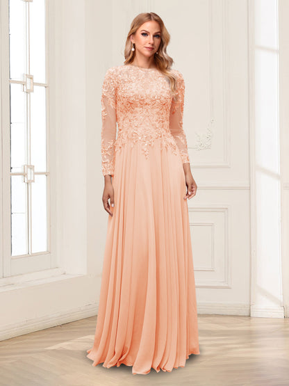 A-Line/Princess Scoop Long Sleeves Floor-Length Mother of the Bride Dresses with Lace & Beading