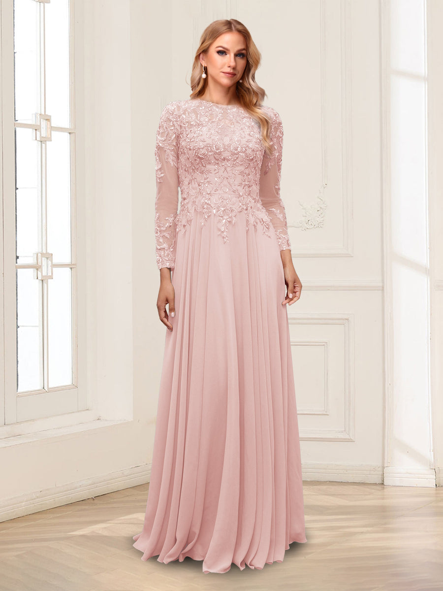 A-Line/Princess Scoop Long Sleeves Floor-Length Mother of the Bride Dresses with Lace & Beading