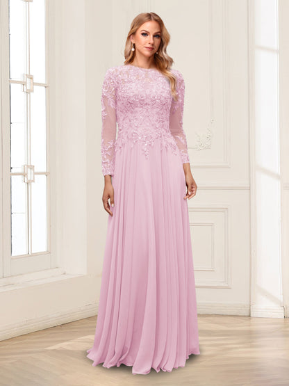 A-Line/Princess Scoop Long Sleeves Floor-Length Mother of the Bride Dresses with Lace & Beading