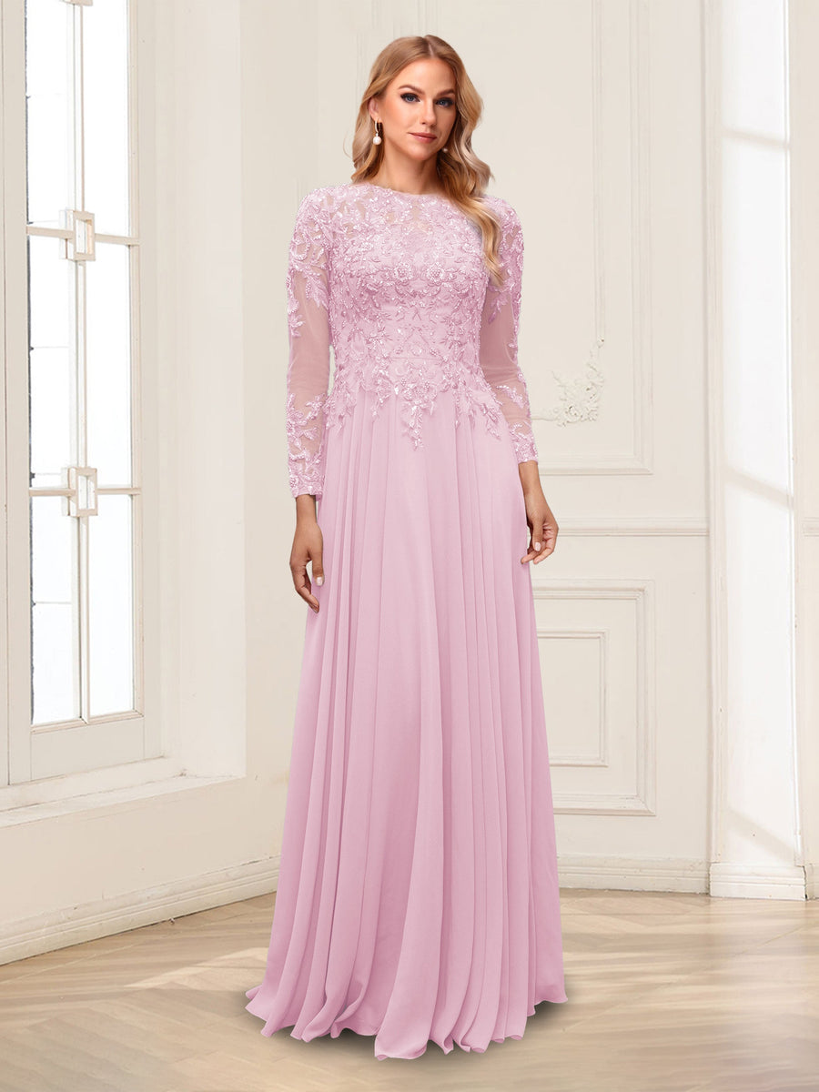 A-Line/Princess Scoop Long Sleeves Floor-Length Mother of the Bride Dresses with Lace & Beading