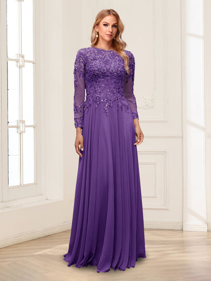 A-Line/Princess Scoop Long Sleeves Floor-Length Mother of the Bride Dresses with Lace & Beading