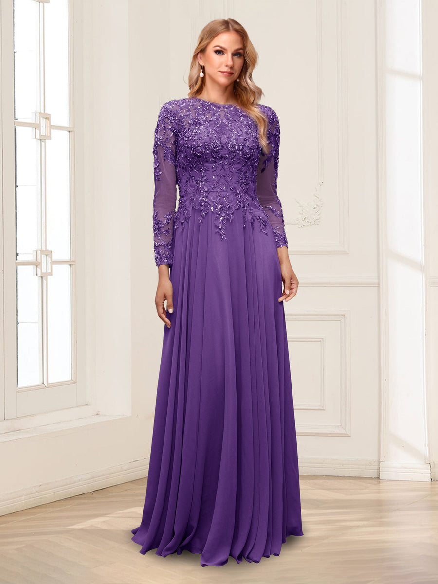 A-Line/Princess Scoop Long Sleeves Floor-Length Mother of the Bride Dresses with Lace & Beading