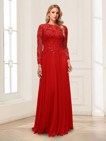A-Line/Princess Scoop Long Sleeves Floor-Length Mother of the Bride Dresses with Lace & Beading