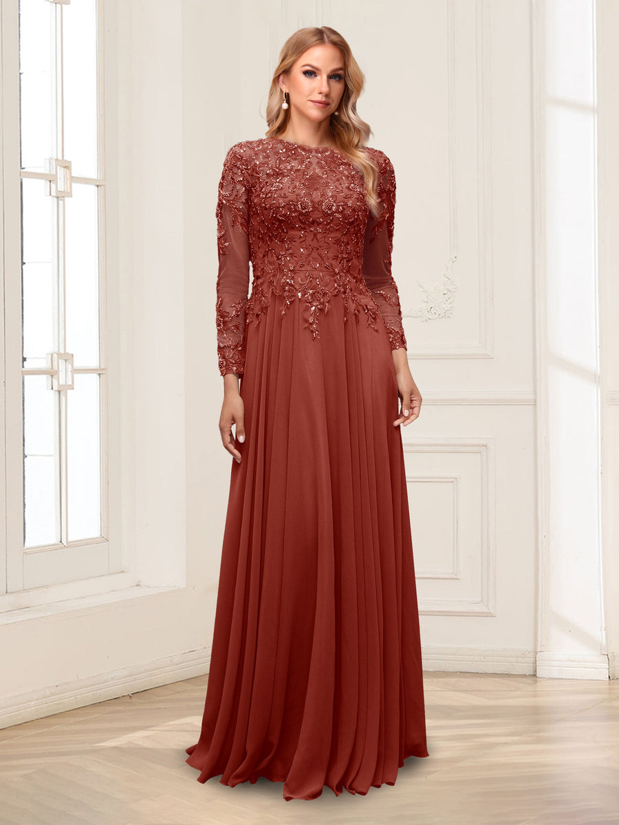 A-Line/Princess Scoop Long Sleeves Floor-Length Mother of the Bride Dresses with Lace & Beading