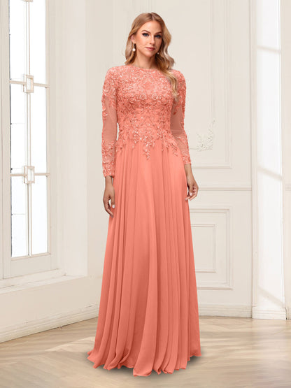 A-Line/Princess Scoop Long Sleeves Floor-Length Mother of the Bride Dresses with Lace & Beading
