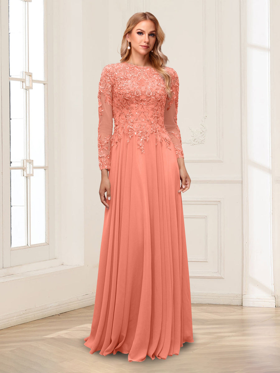 A-Line/Princess Scoop Long Sleeves Floor-Length Mother of the Bride Dresses with Lace & Beading