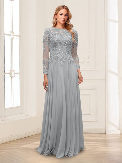 A-Line/Princess Scoop Long Sleeves Floor-Length Mother of the Bride Dresses with Lace & Beading