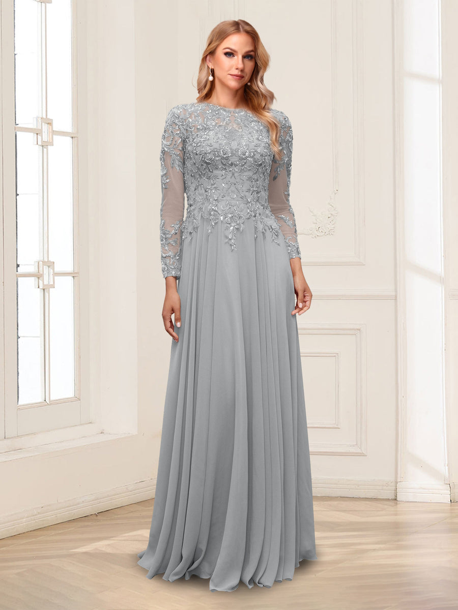 A-Line/Princess Scoop Long Sleeves Floor-Length Mother of the Bride Dresses with Lace & Beading